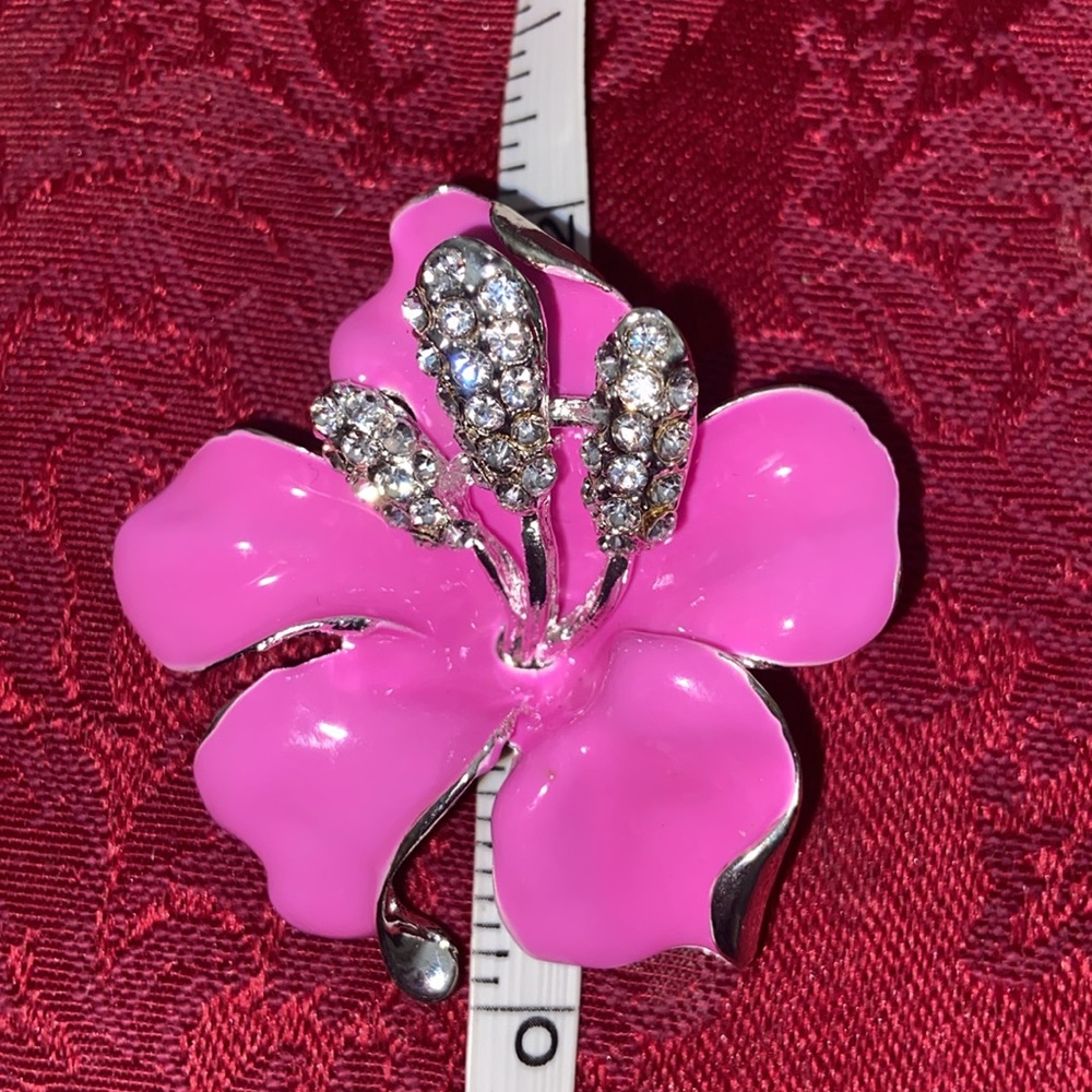 Vintage Silver Plated Hot Pink Enamel Rhinestoned Orchid Broach